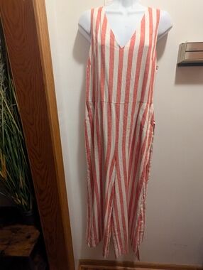 J Crew Women's 6 Striped V-Neck Sleeveless Jumpsuit - Coral & White Linen Blend